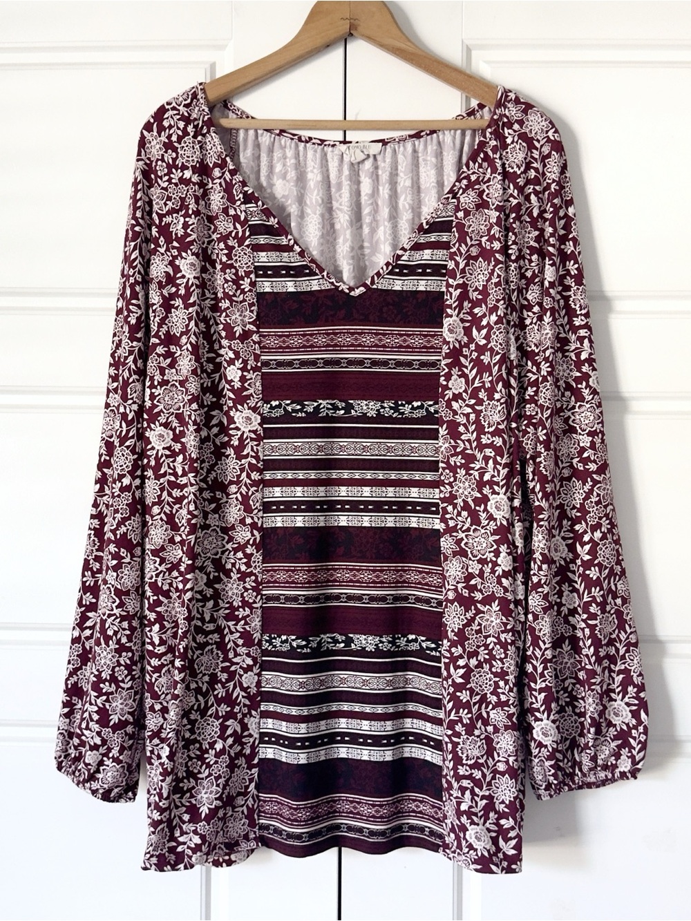 Como Blu Boho Floral Peasant Top 3X Maroon White Knit Tunic Stretch Stripes